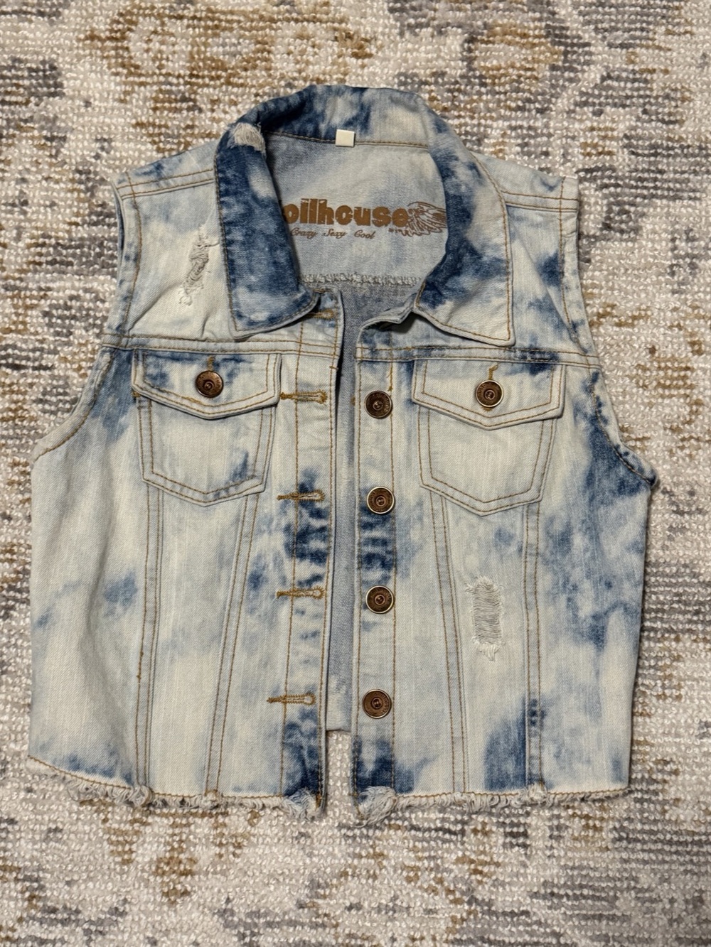 Dollhouse Acid Wash Distressed Denim Vest Blue Small